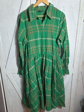 Unique Vintage 100% Cotton Green Flannel Button Up Collared Dress Size XL